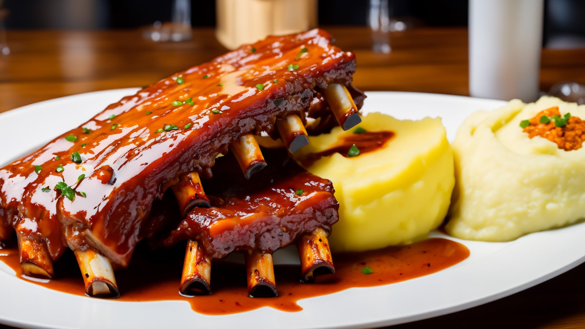 Costillas a la barbacoa con puré de batatas