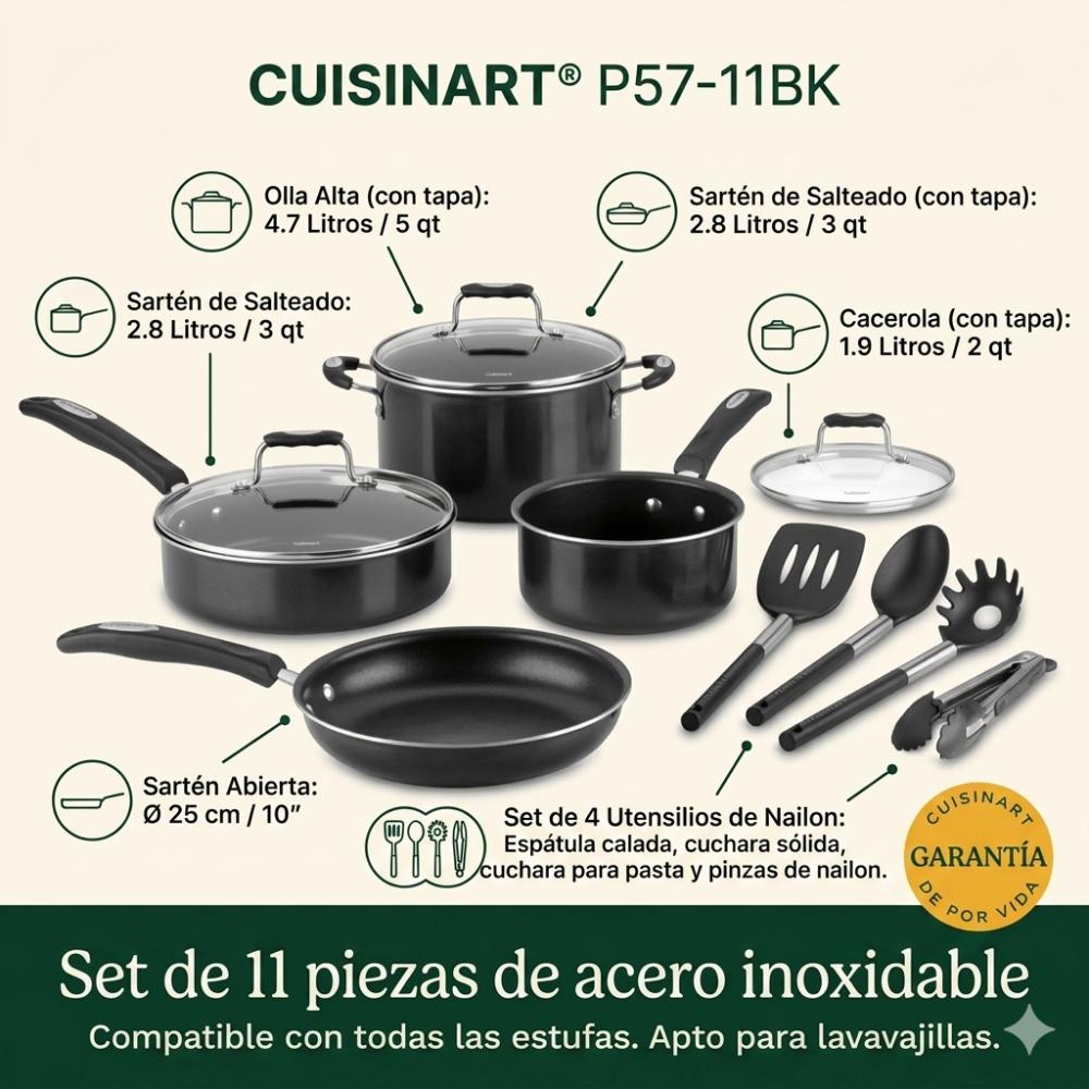 Set De Ollas Antiadherentes, Aluminio, 11 Piezas P57-11BK de Cuisinart_006