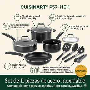 Set De Ollas Antiadherentes, Aluminio, 11 Piezas P57-11BK de Cuisinart_006